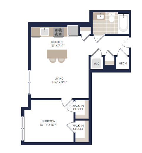 Floor plan for 1 bed, 1 bath, 563 sqft